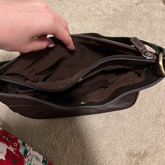 Dark brown genuine leather shoulder handbag. Gold hardware. 3 compartments. - Picture 3 of 5